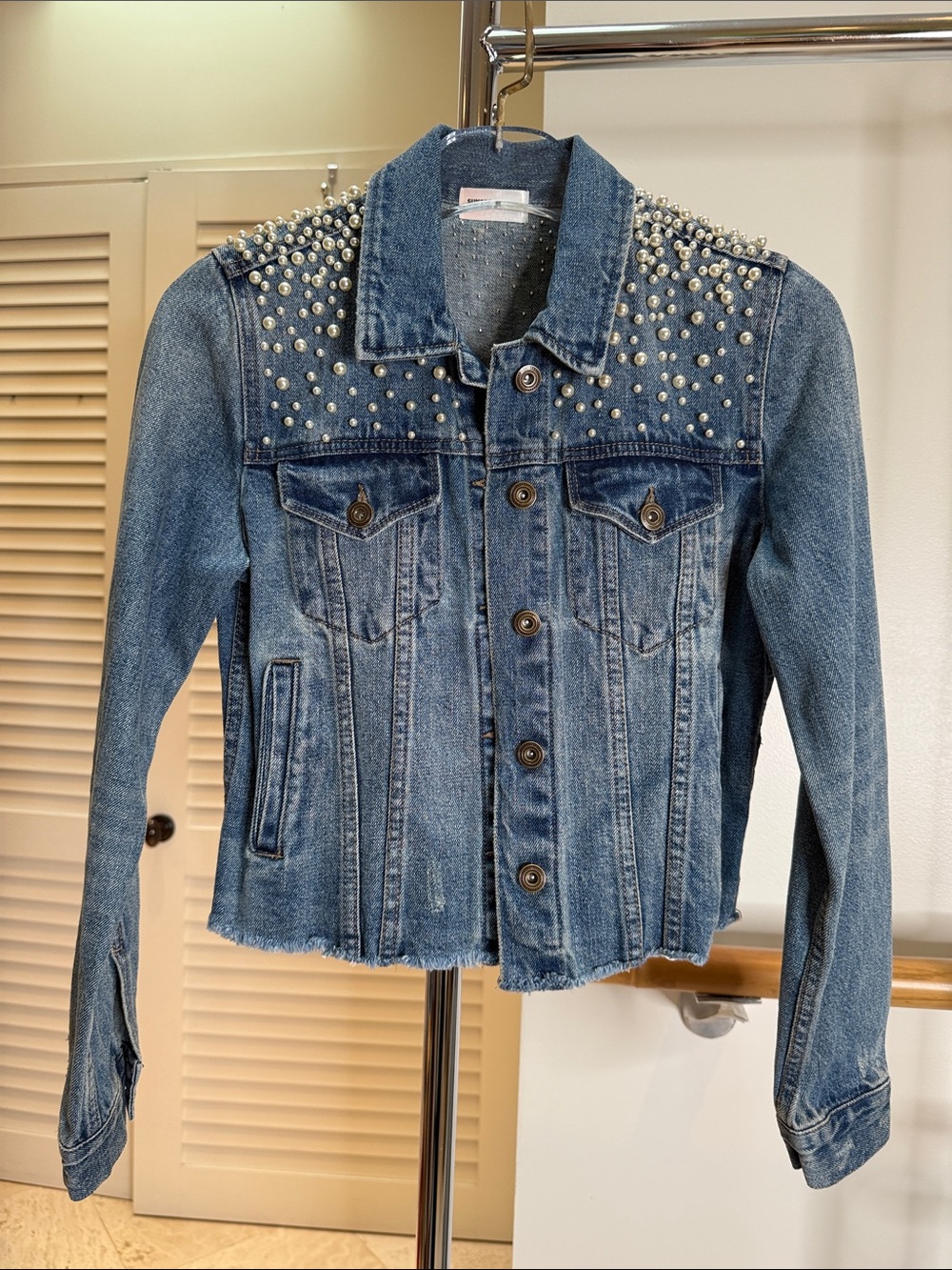Sunset + Spring Pearl Embellished Denim Jacket XS